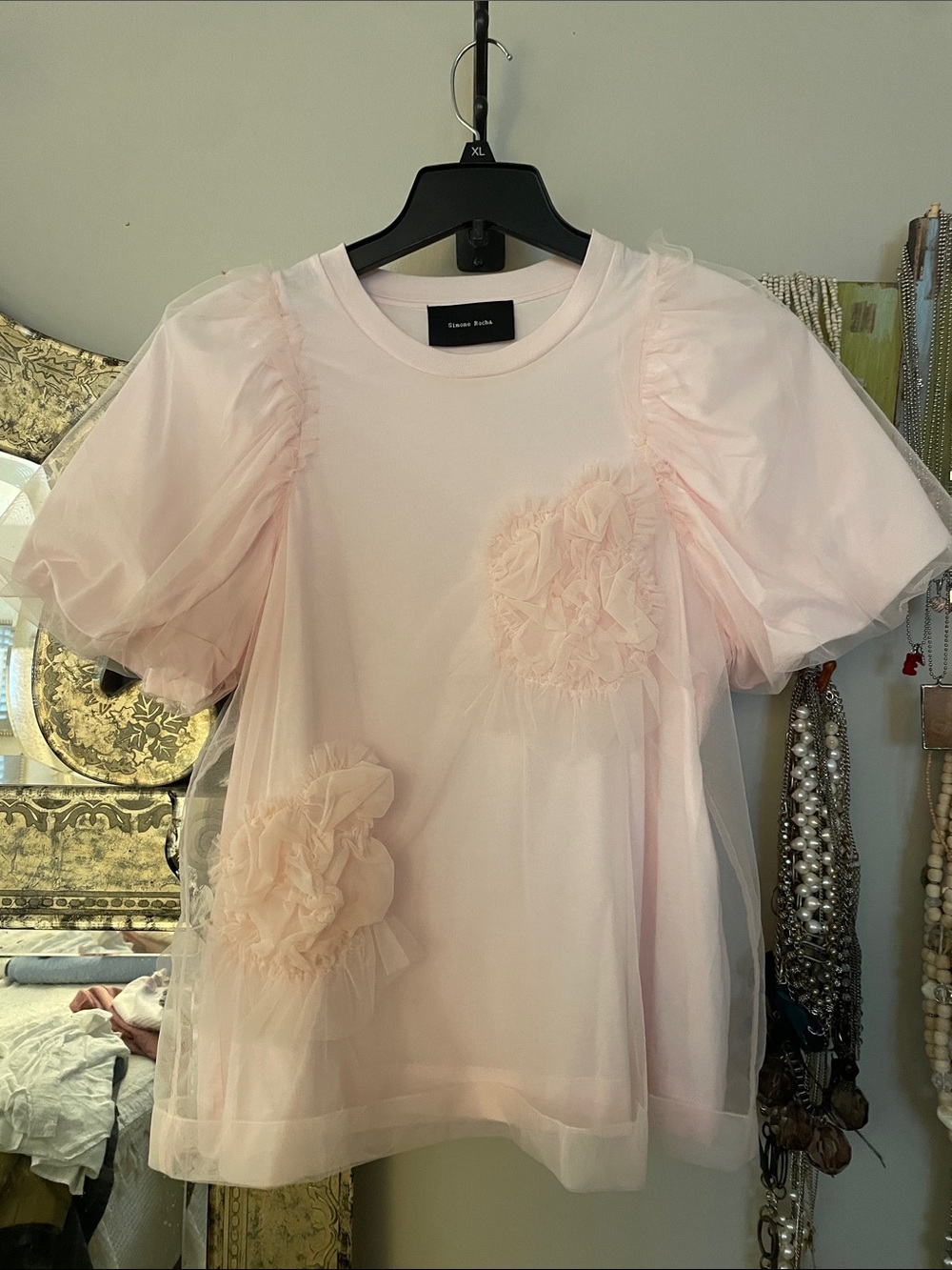 Simone Rocha Pale Pink Puff Sleeve Tulle Rosette Tee